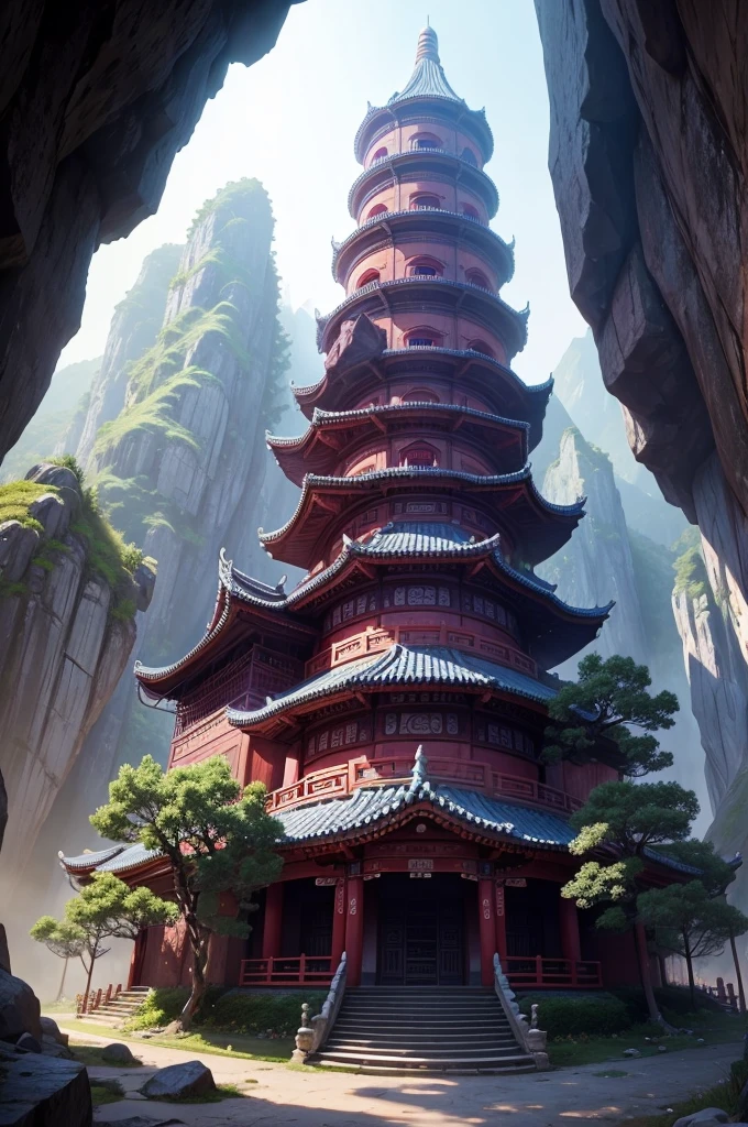 Giant Asian-Chinese style castle, inside a cave deep in the mountain there are a few streaks of purple light.