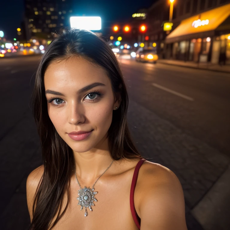 (Selfie, View from the top: 1.4), (straight half of the body: 1.4), RAW UHD photo of a 24-year-old brunette (brown eyed woman) Walking down a dark alley, breasts big,, city at natta, (overskirt), (neckleace), detaileds (texturas! , body hair! , sheen, Farbe!! , Disadvantages: 1.1), olhos brilhantes com muitos detaileds (looking at the camera), SLR Lighting, SLR Camera, ultra-quality, sharpening, Depth of field, Film grain (downtown), Fujifilm XT3, clear as crystal, frame downtown, beautiful face, sharp focus, street lamp, Neon lighting, bokeh (dimly-lit), natta, (natta sky), detailed skin pores, greasy skin, sunburn, complex eye detaileds, whole body, breasts big