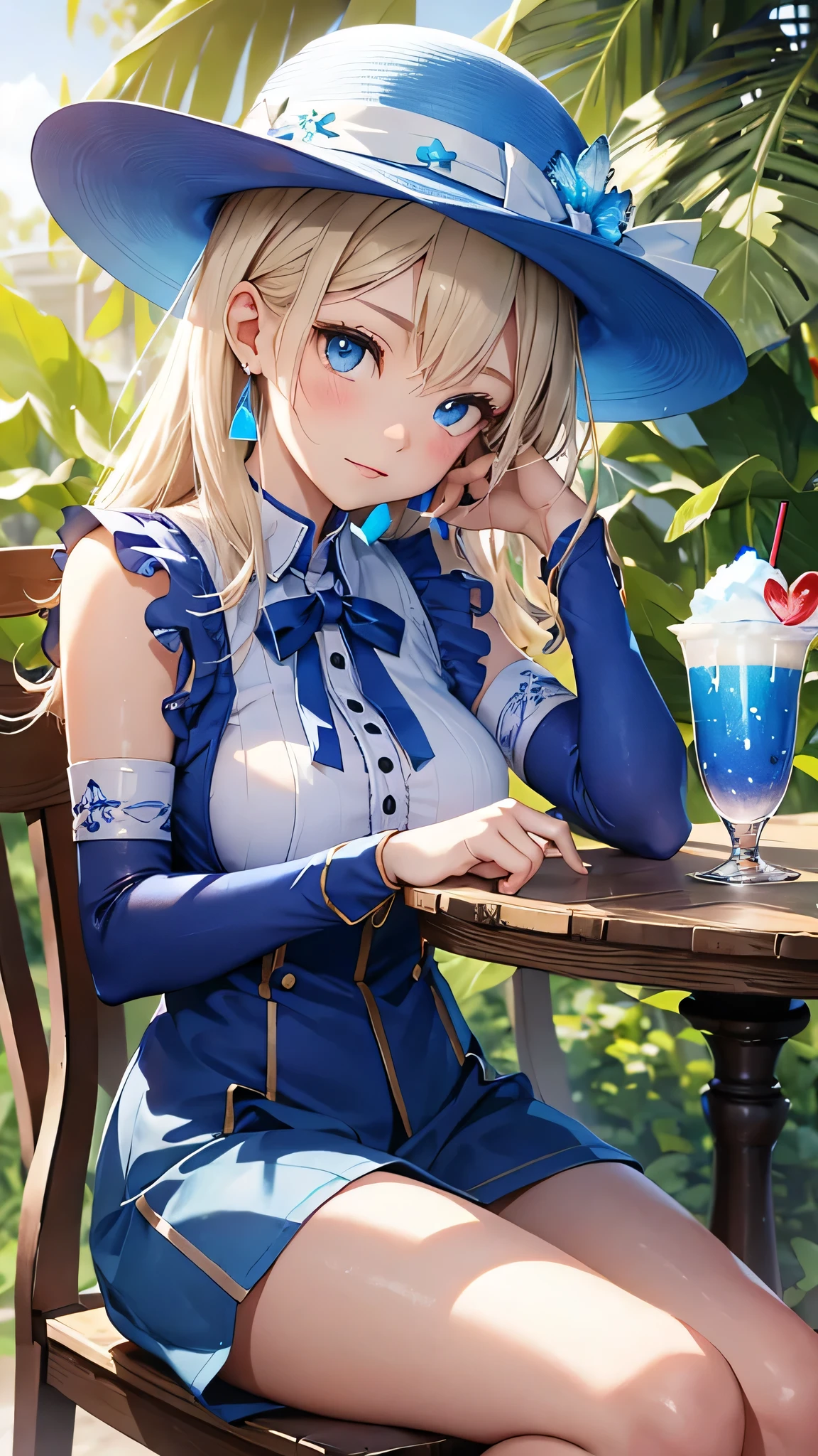 最high quality、Best image quality、masterpiece、With a girl((cute、15 years old、Best Bust、Medium Bust、Bust 85,Beautiful Blue Eyes、Spread your chest wide,Blonde lointail、Slender、The best valley、、Blue sleeveless shirt、White shorts,Show the whole body、Blue Mesh,Leaning forward greatly、Blue hat、Blue Intercom,Face Paint))high quality、Beautiful art、background((summertime、White table、White chair、shaved ice、)),Tabletop、Exquisite design、Visual Arts、Depth of written boundary、Best lighting、Highest detail、8k
