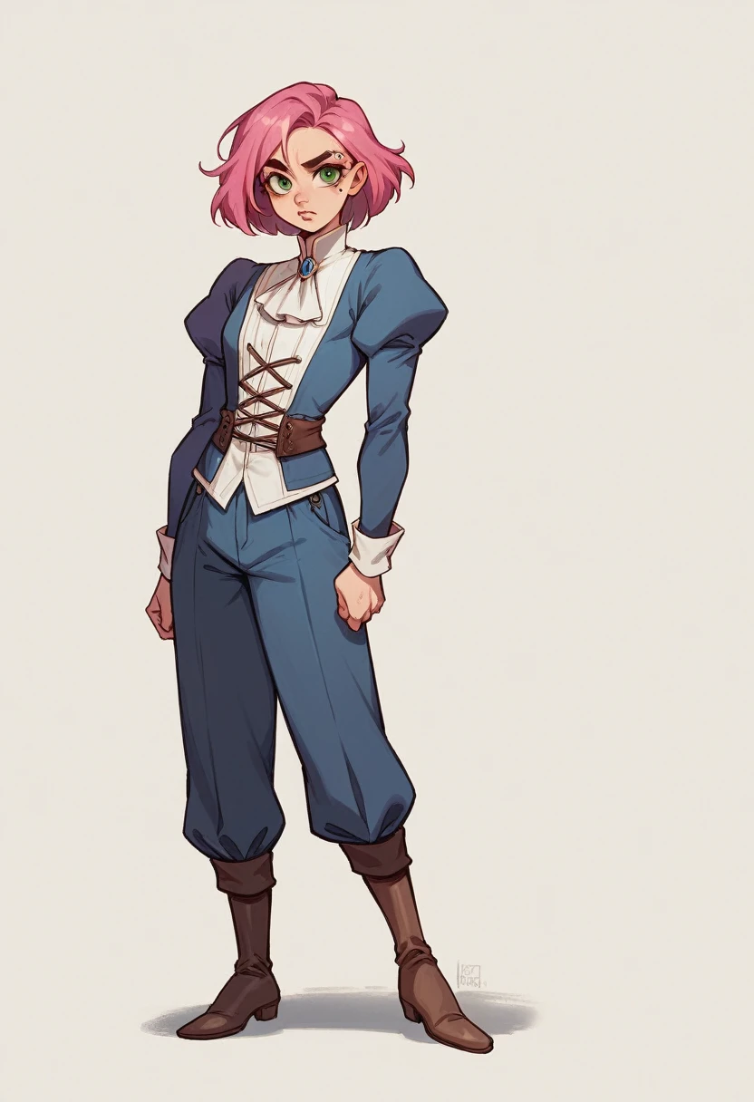 best quality, contrast light, masterpiece, front view, full-length, dressed as a medieval robber, magician's clothing, combat pants, a young girl is a person with a toned, slender build and fair skin. Short pink hair. She has piercing dark green eyes and an oval face with high cheekbones. Her lips are full and naturally pink and narrow, and her high-arched brows frame her eyes perfectly.