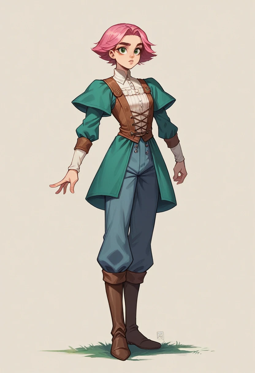 best quality, contrast light, masterpiece, front view, full-length, dressed as a medieval robber, magician's clothing, combat pants, a young girl is a person with a toned, slender build and fair skin. Short pink hair. She has piercing dark green eyes and an oval face with high cheekbones. Her lips are full and naturally pink and narrow, and her high-arched brows frame her eyes perfectly.