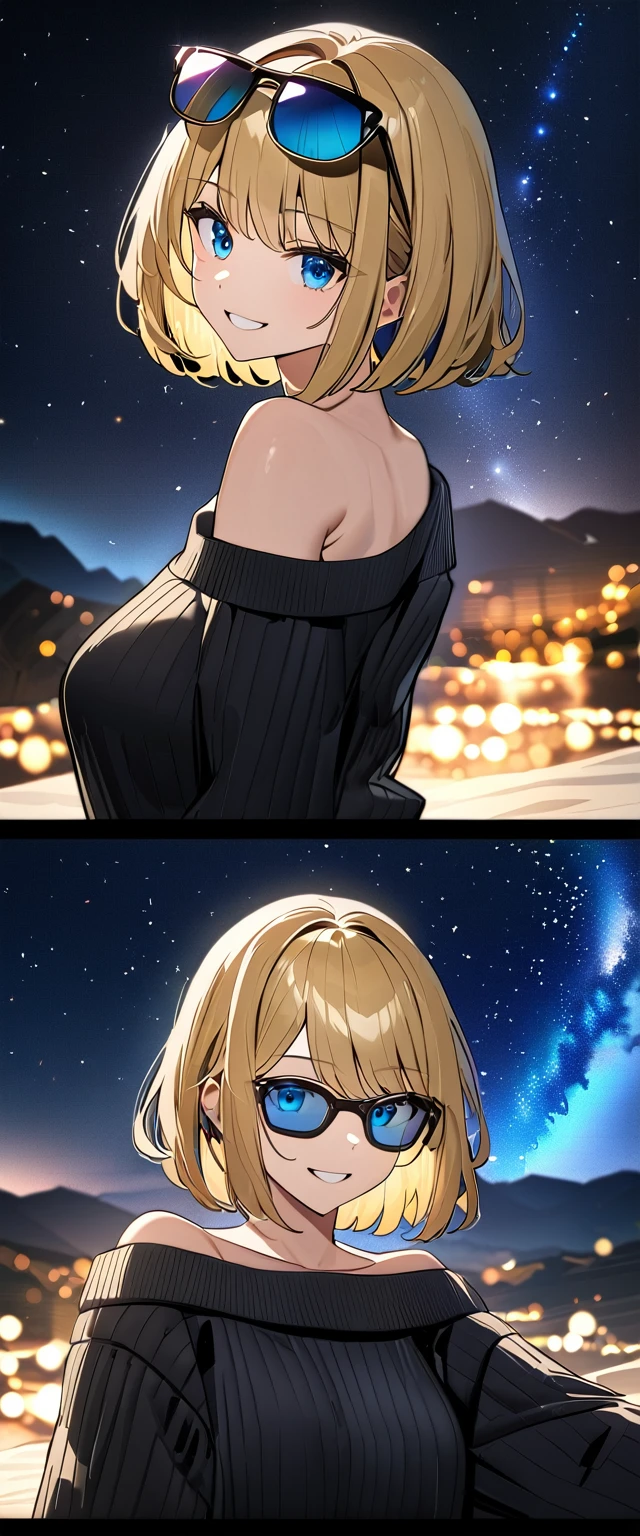 ((grin)), ((off-shoulder sweater:1.3, Quite thick shoulder straps)), ((black sweater)), ((blond hair, bob cut:1.3)), ((sunglasses, hand to sunglasses)), (((from side))), ((((upper body)))), ((Leaning to side)), (((a beautiful starry sky, the Milky Way shining beautifully in the night))), ((sitting on the very high cliff)), wavy hair, inward curled hair, ((sea)), breasts, teenager, (looking at viewer), oversized clothes, puffy long sleeves, collarbone, head tilt:1.3, (((blue eyes))), happy smile, (((anime style))), (best quality, 4K, 8K, highres, masterpiece:1.2, ultra-detailed, ultra-detailed eyes, HDR, uhd, studio lighting, ultra-fine painting, sharp focus, physically-based rendering, extreme detail description, professional, vivid colors, bokeh),tight clothes