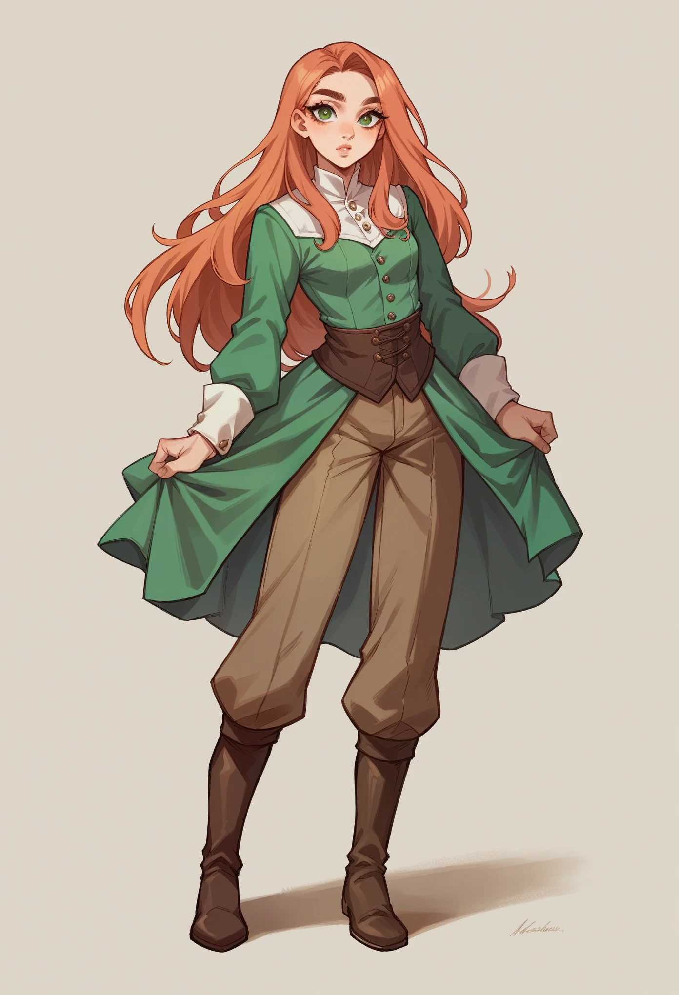best quality, contrast light, masterpiece, front view, full-length, dressed as a medieval robber, magician's clothing, combat pants, a young girl is a person with a toned, slender build and fair skin. Her long hair is pink in color. She has piercing dark green eyes and an oval face with high cheekbones. Her lips are full and naturally pink and narrow, and her high-arched brows frame her eyes perfectly.