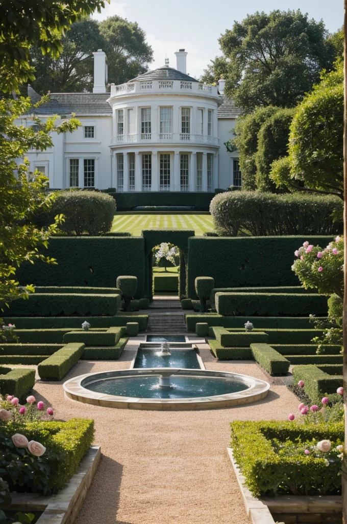 White royal house and garden of rose at the outside