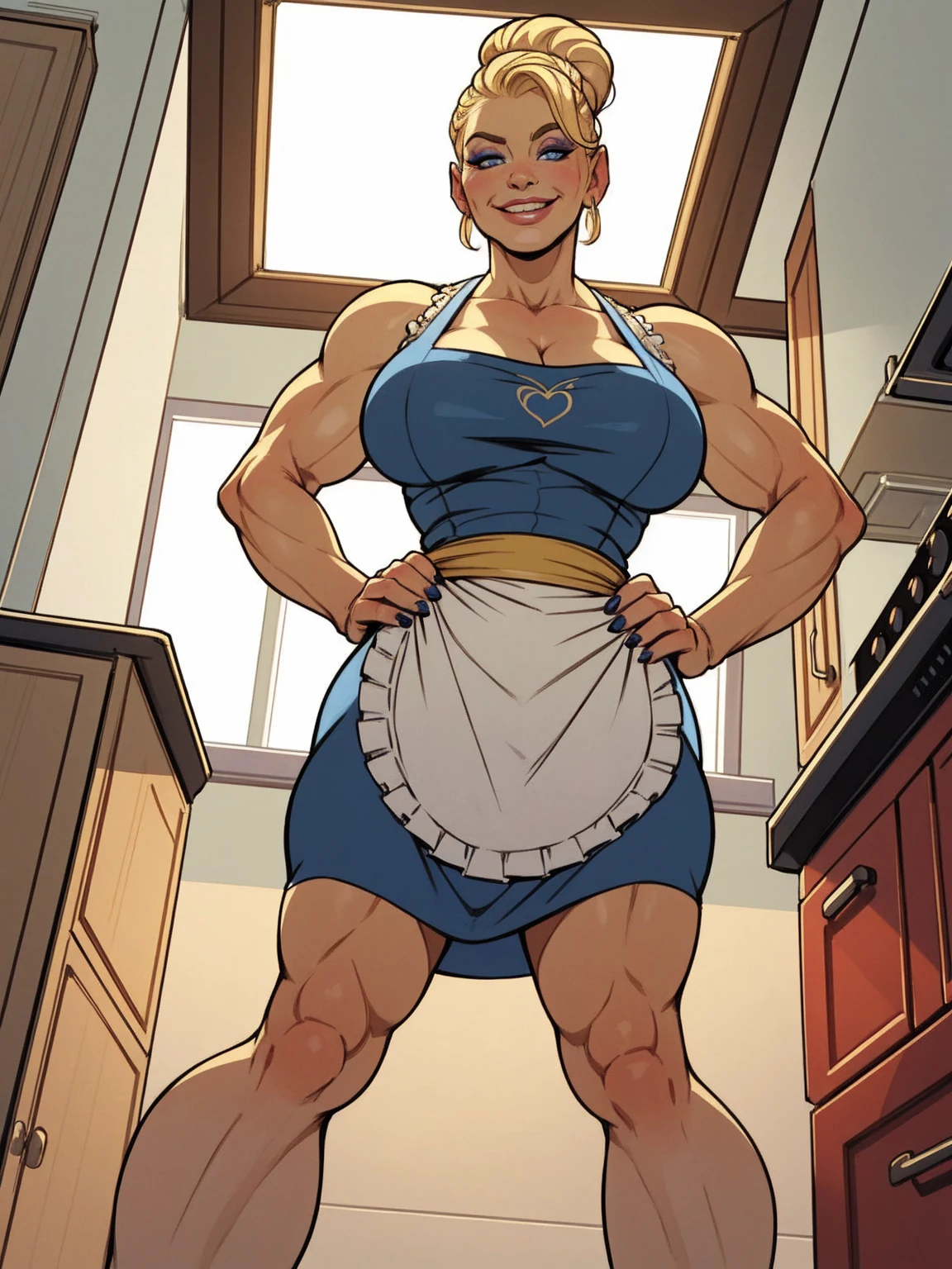 mature woman, solo, 1woman, retro, wearing dress and apron, standing in kitchen, modern kitchen, (huge breasts:1.1), (nipple outline:0.7), muscular, blonde hair, blue eyes, updo, hair bun, makeup, looking down at viewer, hands on hips, (from below:1.4), (extremely low angle:1.4), smiling, incase, by boris vallejo,