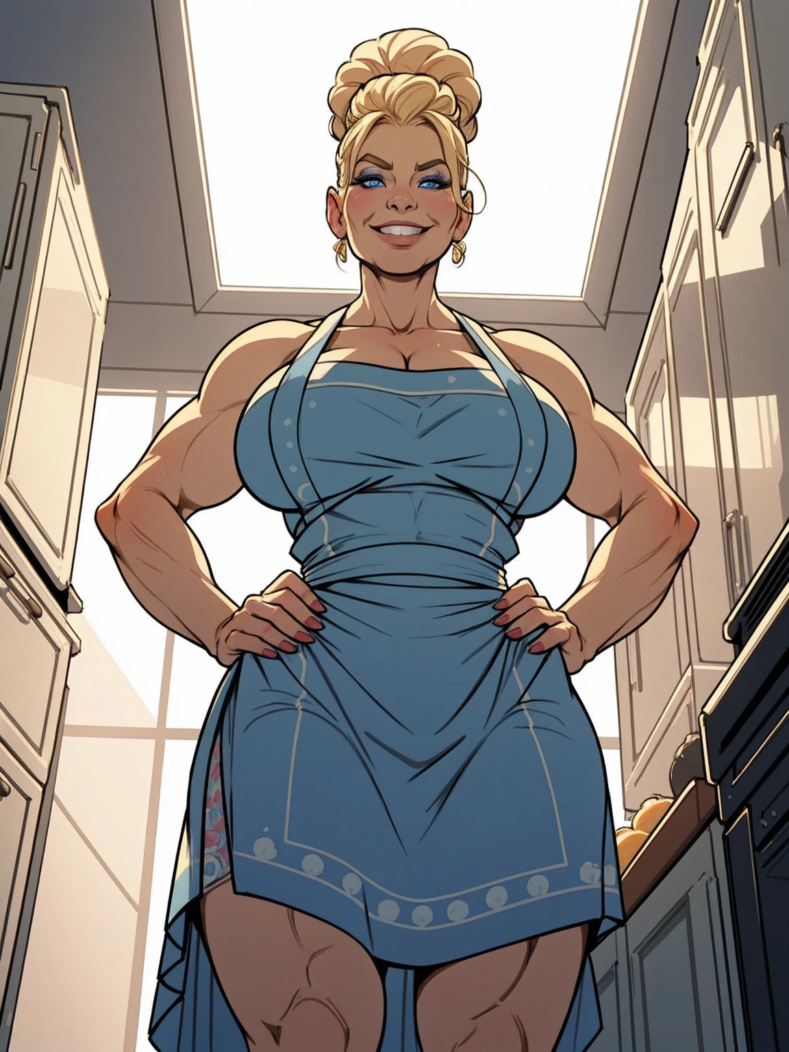 mature woman, solo, 1woman, retro, wearing dress and apron, standing in kitchen, modern kitchen, (huge breasts:1.1), (nipple outline:0.7), muscular, blonde hair, blue eyes, updo, hair bun, makeup, looking down at viewer, hands on hips, (from below:1.4), (extremely low angle:1.4), smiling, incase, by boris vallejo,