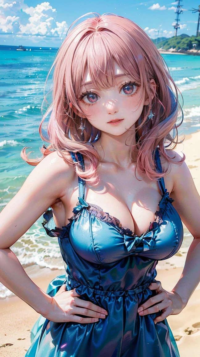 (Masterpiece, BestQuality:1.3), (ultra detailed:1.2), (hyperrealistic:1.3), (RAW photo:1.2), High detail RAW color photo, professional photograph, (Photorealistic:1.4), (realistic:1.4), (Pink Hair:1.5), professional lighting, perfect anatomy, (Big Breasts:1.2), (blush, detailed face), (A happy smile:1.7), sexly, erotic sexly, Random sexy gravure poses, (Beautiful woman wearing a blue chiffon mini dress、Smiling on the beach、Wear seashell accessories、Hands on hips pose。:1.3)