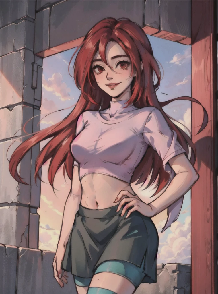 (Masterpiece, Best Quality), 1 girl,willpower_water, Red hair, long hair, 21 years, psychopath, evil smile, Red eyes, Looking down at the viewer, Shirt and skirt, yandere, point of view from below