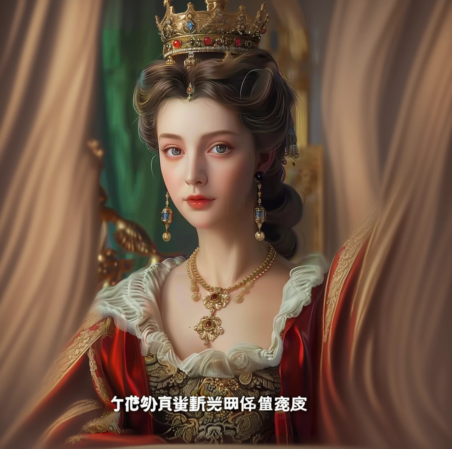 Close-up of a woman wearing a crown and necklace, Rococo Queen, Baroque Digital Painting, Renaissance Digital Painting, Rococo style portrait, Like an elegant lady, portrait of a princess, Exquisite aristocrat, Elegant Numbers, 17th Century Duchess, Detailed 4k, Renaissance Realist Portraits, Beautiful portrait, royal portrait, Rococo Portrait,The background is a European-style palace