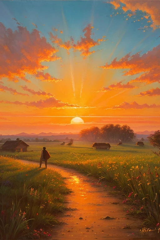 Highest quality、Landscape painting、Plains、Sunset、orange、Looking back