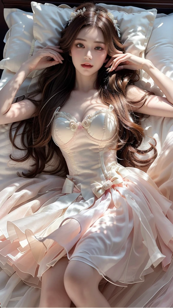 Romantic Rosette Dress 2, best quality,very detailed,realistic,high resolution,portrait,Beautiful woman, palatial bed,Gorgeous bed,perfect makeup,sun rays,beauty,Elegant and sophisticated,very cool,