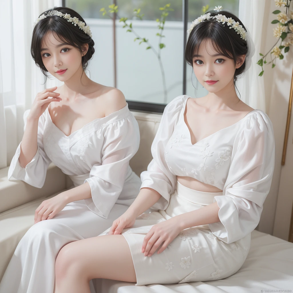 ((best picture quality)))、(8k quality)、((masterpiece))、(Very exquisite、Pretty white)、(wear a skirt)、(3 female)、(Short black hair)、dress up、With floral pattern，Soft silk fabric，light，Gentle expression，（Smile：1.3），（（clair obscur）），Luxurious interior window sill，（（Big boobs））