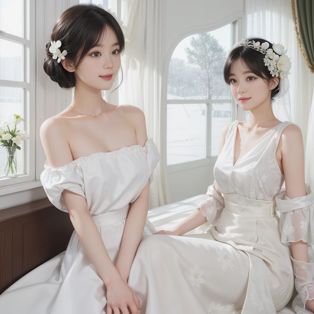 ((best picture quality)))、(8k quality)、((masterpiece))、(Very exquisite、Pretty white)、(wear a skirt)、(3 female)、(Short black hair)、dress up、With floral pattern,Soft silk fabric,light,Gentle expression,(Smile:1.3),((clair obscur)),Luxurious interior window sill,((Big boobs))