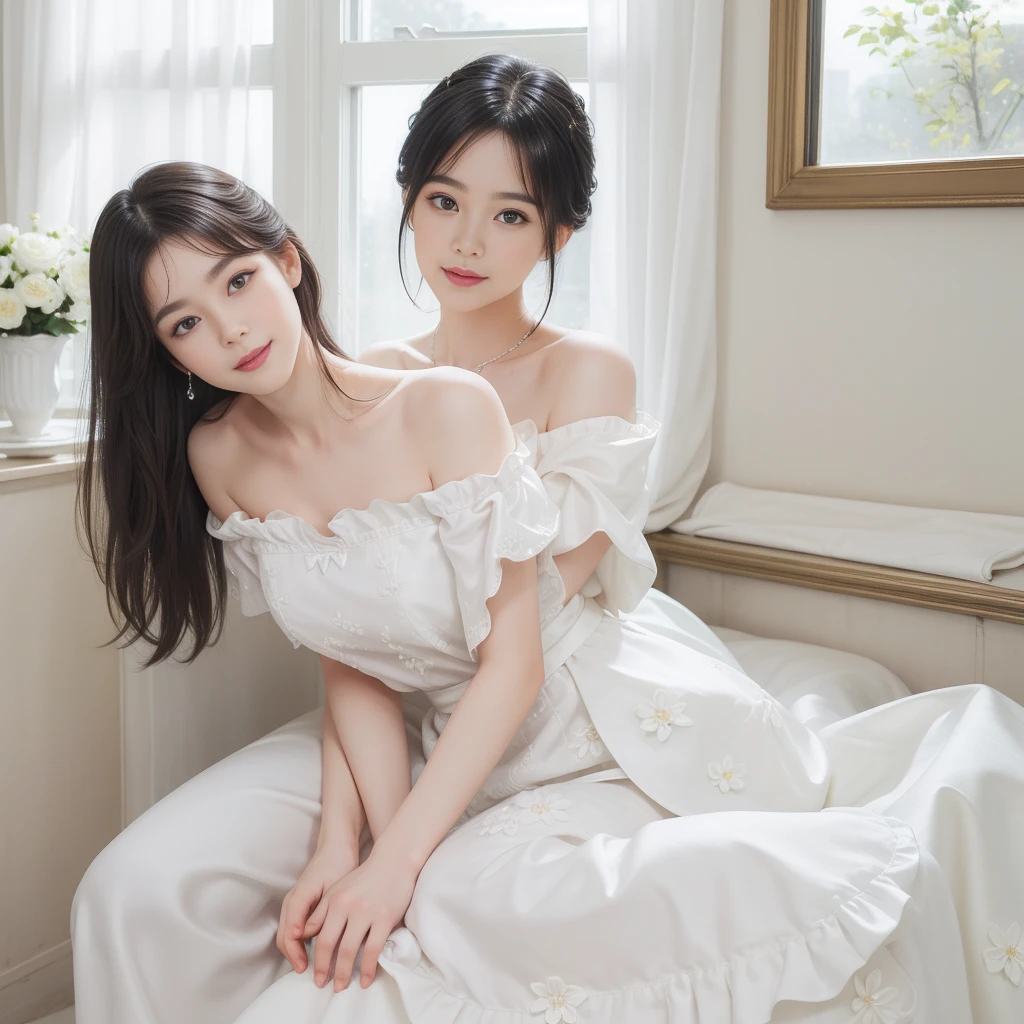 ((best picture quality)))、(8k quality)、((masterpiece))、(Very exquisite、Pretty white)、(wear a skirt)、(3 female)、(Short black hair)、dress up、With floral pattern,Soft silk fabric,light,Gentle expression,(Smile:1.3),((clair obscur)),Luxurious interior window sill,((Big boobs))