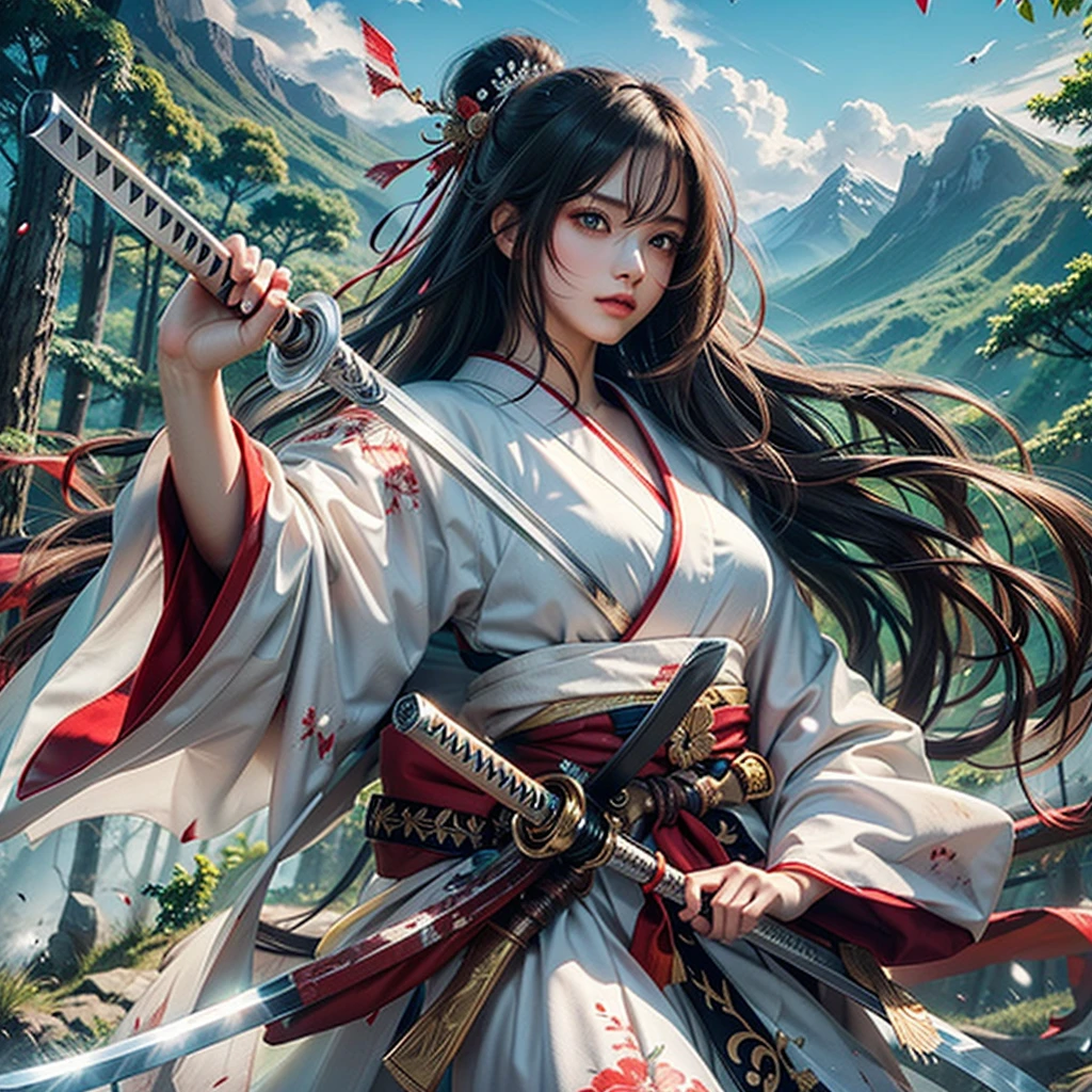 (woman swordsman、Hold the sword、Iai-no-I、Japanese Katana Sword)(Masterpiece 1.4, Best Quality 1.4),1girl in, Detailed skin、Detailed and Beautiful Face 1.4、Bow, Long hair, A dark-haired , Hair fluttering in the wind、White and red kimono、 Blood-stained kimono、Sandals、Official art, Good composition, Official Pose, detailed portrait,Clouds and mountains background, Samurai, High resolution, Dramatic lighting and shadows, snowscape、In the wooded forest