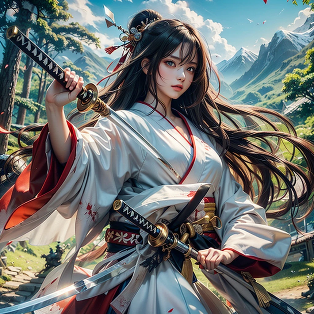 （woman swordsman、Hold the sword、Iai-no-I、Japanese Katana Sword）（Masterpiece 1.4, Best Quality 1.4）,1girl in,  Detailed skin、Detailed and Beautiful Face 1.4、Bow, Long hair, A dark-haired , Hair fluttering in the wind、White and red kimono、 Blood-stained kimono、Sandals、Official art, Good composition, Official Pose, detailed portrait,Clouds and mountains background, Samurai, High resolution, Dramatic lighting and shadows, snowscape、In the wooded forest