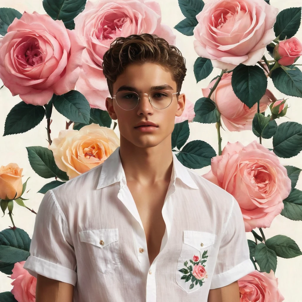 Behold a fashion editorial photo shoot featuring a photogenic and charming 19 year old male supermodel, ((mixed of Latino and Georgi Boyadzhiyski)), a symmetric young face adorned with natural blemishes and freckles:0.15, he boasts short salver buzz-cut hair, and a natural pale skin tone that embodies youthfulness and athleticism, skinny and lean body, pretty cute, Exuding a unique sexy allure with his exotic look, in a David Austin Rose gardens adorned with wild colorful roses flowers, ((wearing white sheer Jockstrap with thick cock line)), semi bulge, the focus subtly directed towards it. Against the backdrop of vibrant greenery, he is captured in a (full-body photo), stand bending over the camera perspective, interesting dynamic view, amazing composition, HDR, volumetric lighting, ultra quality, elegant, highly detailed, masterpiece, best quality, high resolution, emphasizing his captivating presence and the intricate details of the surroundings. The photograph is taken with a Canon EOS R6 camera using an 85mm f/1.8 lens at an f/2.2 aperture, utilizing natural light. Employing shadows enhances his features and adds depth to the composition. The careful layering and arrangement of his body parts and surrounding objects ensure a flawless composition. This masterpiece celebrates the beauty of the male form and invites viewers to immerse themselves in a world of sophistication and charm. The seductive lighting and intricate details, combined with a dramatic composition, invite viewers to revel in the essence of a fun-filled day, brimming with joy and relaxation. Attention is meticulously paid to the layers and arrangement of his body parts and surrounding objects, ensuring correct body structure and photo distance. The romantic atmosphere, paired with a lively and extremely gorgeous background, enhances the overall allure of this exquisite image,