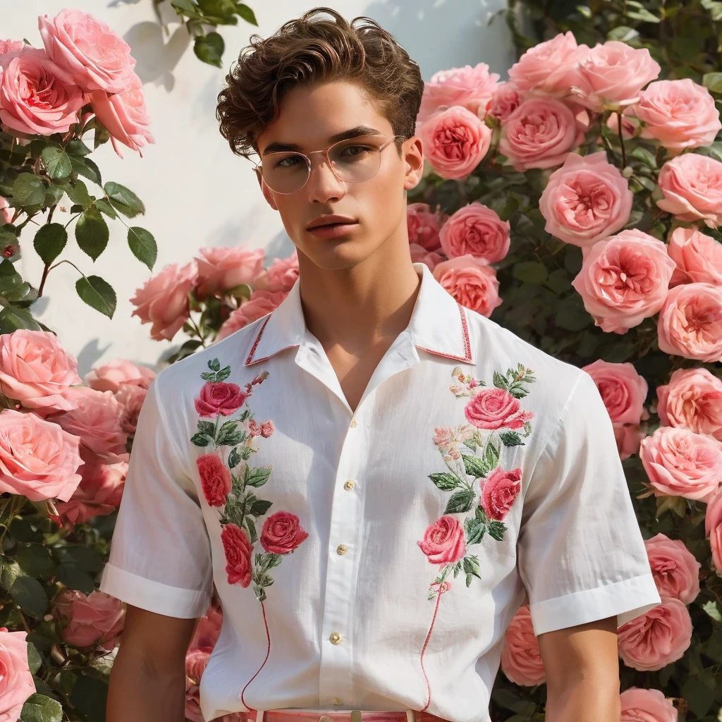 candid fashion illustration of young Mixed race 2man, both aged 18-23 year old, ((showcase fashion look book in linen outfits)), the design inspired by David Austin rose Emma Bridgewater, in elegant chic style. The man wears an oversized short-sleeved shirt with a minimal rose embroidery details, paired with relaxed-fit white Short with Drawstring, He completes his look with white sneakers and round glasses. The boyfriend complements him in a skinny fitted speedo in a stripe pattern, semi bulge, He resemble includes an accessorizes with a brimmed straw hat and white sneakers, Captured in a low angle, ((full-body image)), ((roses motifs background)), fashion sketching, realistic drawing, ((imperfect water color drawing background)), fashion look book, fashion illustrator, fashion sketch design, gay, gay couple, The Emma Bridgewater rose by David Austin is a lovely variety characterized by its soft, blush pink color. The blooms are large, with many petals forming a classic, rosette shape. The color can range from a delicate, pale pink to a slightly deeper shade, depending on the growing conditions. This rose is appreciated for its charming appearance and delightful,