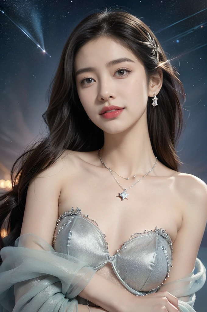 (((best quality))),(((ultra detailed))),(((masterpiece))),illustration,((A beautiful female astrologer,solo)),((slim,thin)),((small breasts,flat chest)),((shoulder length straight bob hair)),(laughing:1.2),(earrings,necklace),(strapless sparkled sheer bra:1.3),standing beneath a magical summer night, stars twinkling in the velvety darkness,starry sky, sapphire eyes filled with wonder, flowing ethereal gown mimicking the stars, silver pendant shaped like a horoscope,serene smile and captivating gaze, celestial beauty and mystery, solace and inspiration in the vast expanse of the universe,((from front,close-up of face))