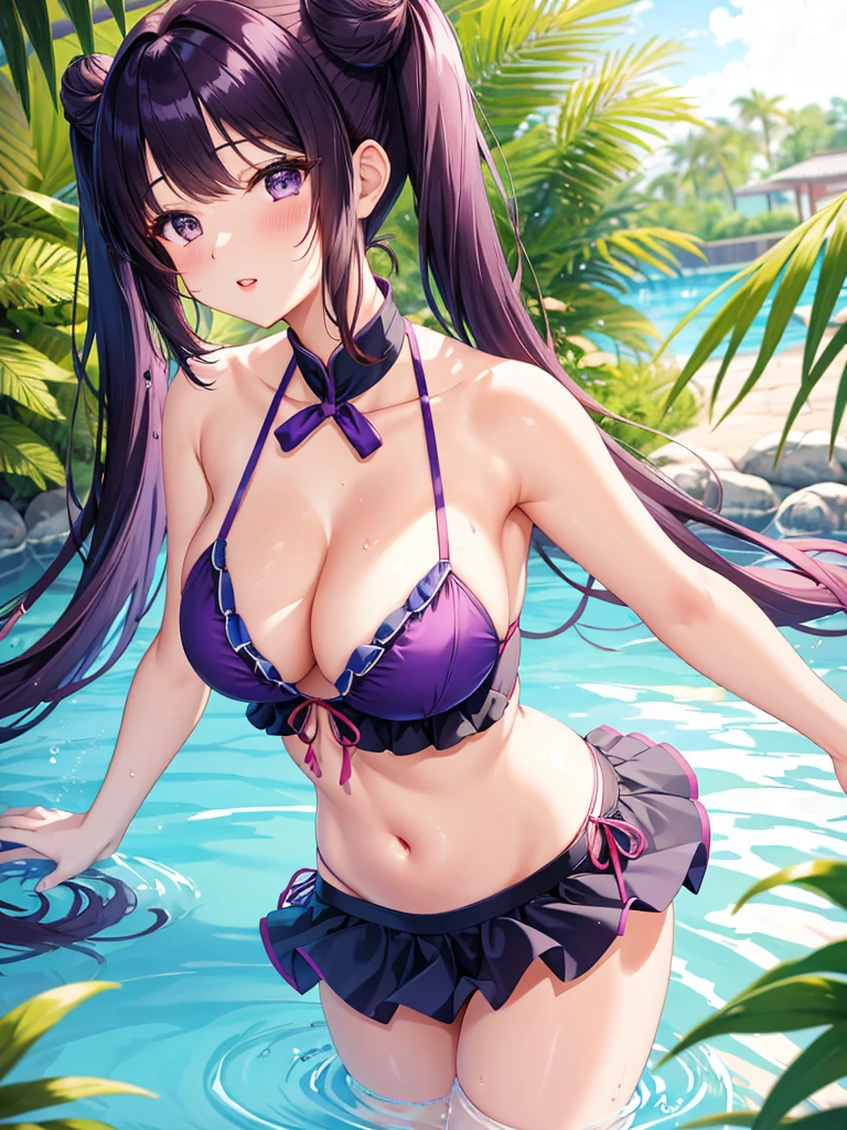 best qualityer, 1 girl, Ultra-detailed masterpiece, illustration, Yang Guifei, Glossy lips, blush, parted lips, shorth hair, twintails, standing, (ruffled bikini with microskirt), swimpool, Purple Lingerie 