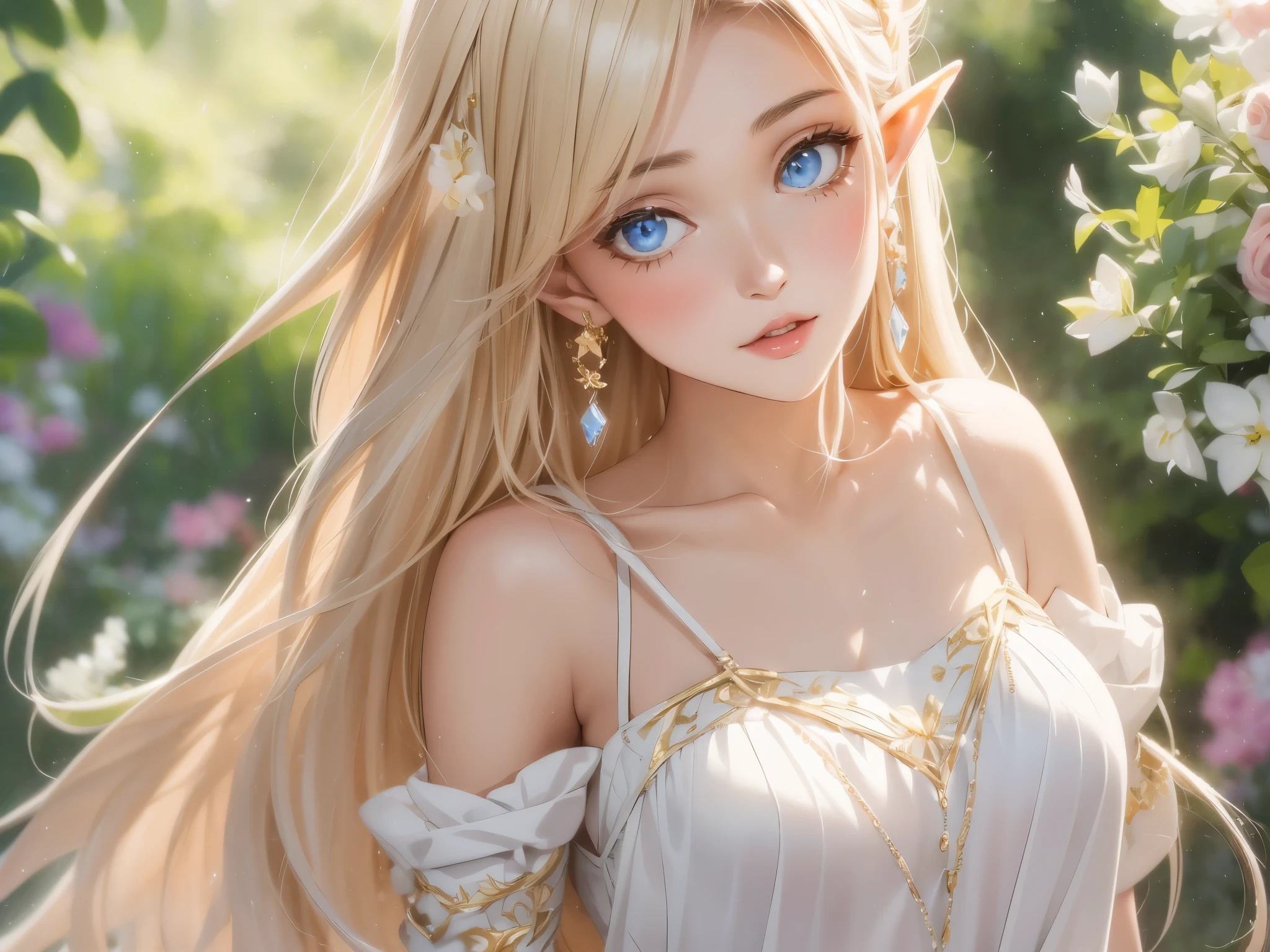 1 girl, Beautiful elf lady, blonde Long straight hair, upturn elf pointy ears, sexy figure, hot body, very beautiful face, detailed face, delicate eyes, detailed pupil, beautiful and delicate lips, blush, shy, heart, in love, white camisole long skirt, Simple and stylish, small crystal earrings, hand drawn animation, high detailed, outdoor, symmetrical clothes, best quality, masterpiece, retina,