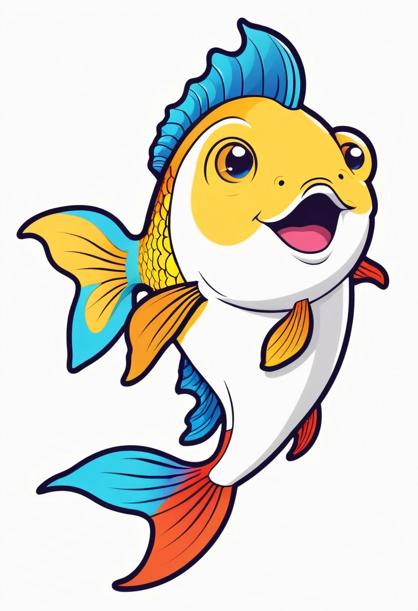happy multicolored fish, Chibi style, outline, vector, white background