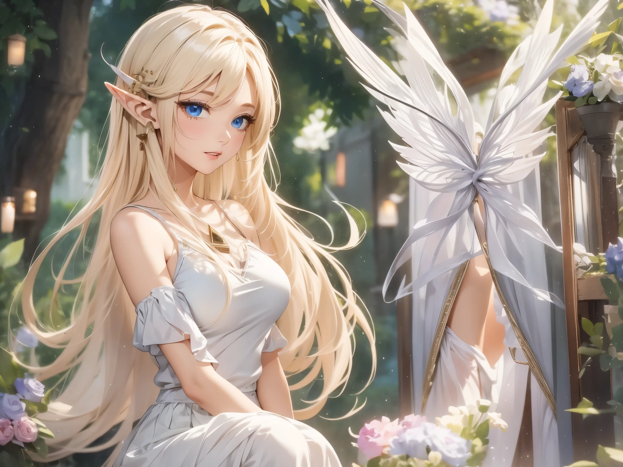 1 girl, Beautiful elf lady, blonde Long straight hair, upturn elf pointy ears, sexy figure, hot body, very beautiful face, detailed face, delicate eyes, detailed pupil, beautiful and delicate lips, blush, shy, heart, in love, white camisole long skirt, Simple and stylish, small crystal earrings, hand drawn animation, high detailed, outdoor, symmetrical clothes, best quality, masterpiece, retina,
