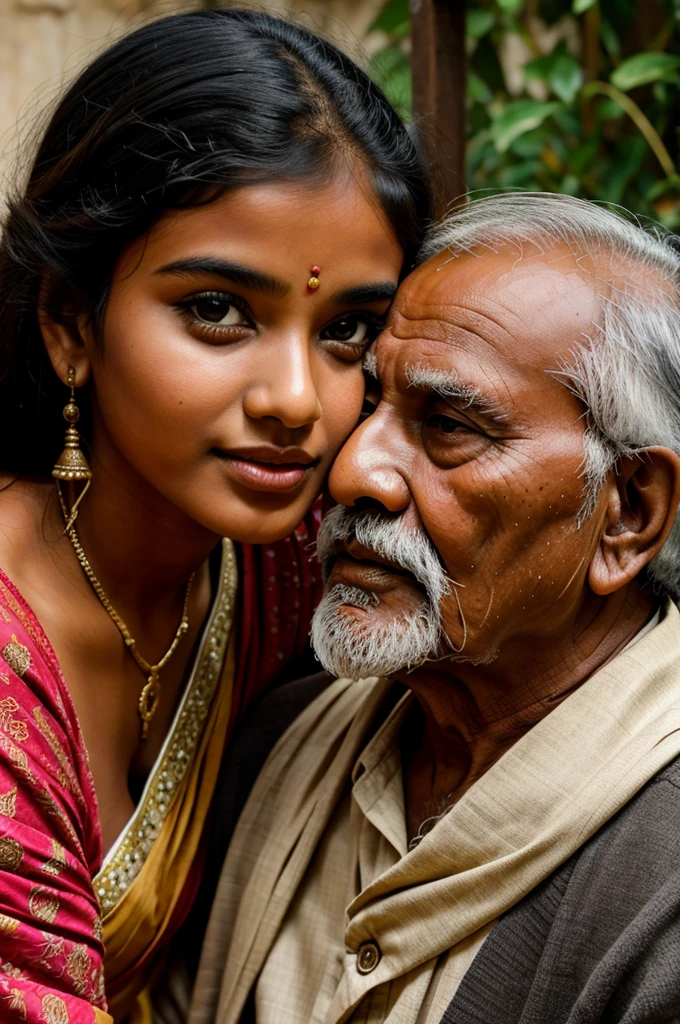 Old man kissing a young Indian girl 