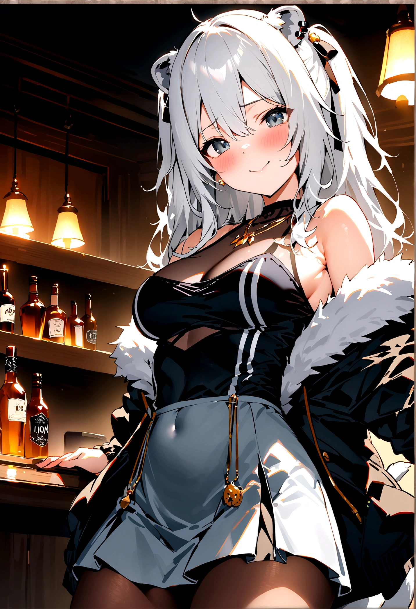 NSFW,masterpiece,Highest quality,High resolution,Super detailed,Shishirabotan\(Hololive\),Long Hair、Two Side Up、Earrings、Lion&#39;s Tail,necklace、Black Shirt、Sleeveless shirt、abdomen、See-through、Grey Skirt、片足pantyhose、pantyhose、fur-trimmed jacket、Black jacket、Off the shoulder,Bewitching Smile,blush,Luxurious Room,pub,counter