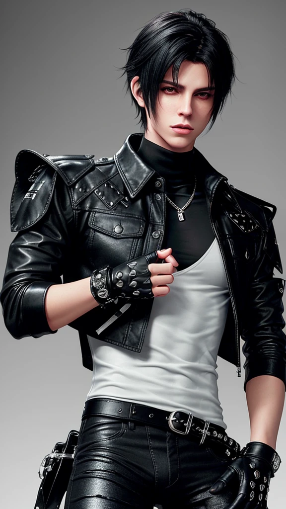 Final fantasy taste and reality graphics, Japanese young cute and cool ikemen boy, his age is early 20s, thin eyebrows and beady eyes, he wearing off white color leather thick singlebrest biker jacket, with epaulet, must close the front of the leather jacket, jacket is biker style, jacket is voluminous, , jacket collar is high length stand-up collar with belts, jacket is a little black line pattern,close the front of the jacket, also wearing black thick turtleneck lackluster shirts, tight black leather pants, shiny black leather tight and thin glove, black leather knee-high raceup boots,must views head-to-toe,must views whole body, boy looks like fashion model,Do not show skin from the neck down,leather jacket leather glove and leather pants have few wrinkles,boy in the room,