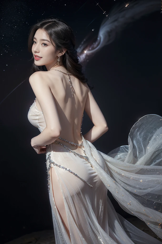 (((best quality))),(((ultra detailed))),(((masterpiece))),illustration,((A beautiful female astrologer,solo)),((slim,thin)),((bare back,towering hips,butt crack)),((shoulder length straight bob hair)),(laughing:1.2),(earrings,necklace),(sparkled sheer dress:1.3),standing beneath a magical summer night, stars twinkling in the velvety darkness,starry sky, sapphire eyes filled with wonder, flowing ethereal gown mimicking the stars, silver pendant shaped like a horoscope,serene smile and captivating gaze, celestial beauty and mystery, solace and inspiration in the vast expanse of the universe,((from back,upper body))