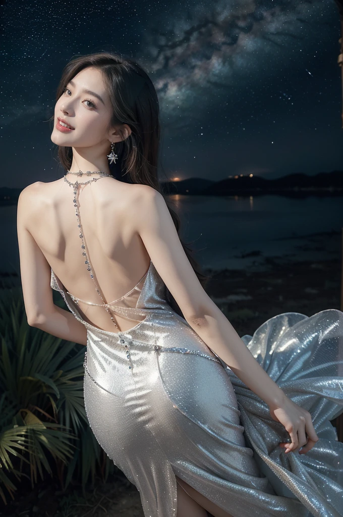 (((best quality))),(((ultra detailed))),(((masterpiece))),illustration,((A beautiful female astrologer,solo)),((slim,thin)),((bare back,towering hips,butt crack)),((shoulder length straight bob hair)),(laughing:1.2),(earrings,necklace),(sparkled sheer dress:1.3),standing beneath a magical summer night, stars twinkling in the velvety darkness,starry sky, sapphire eyes filled with wonder, flowing ethereal gown mimicking the stars, silver pendant shaped like a horoscope,serene smile and captivating gaze, celestial beauty and mystery, solace and inspiration in the vast expanse of the universe,((from back,upper body))