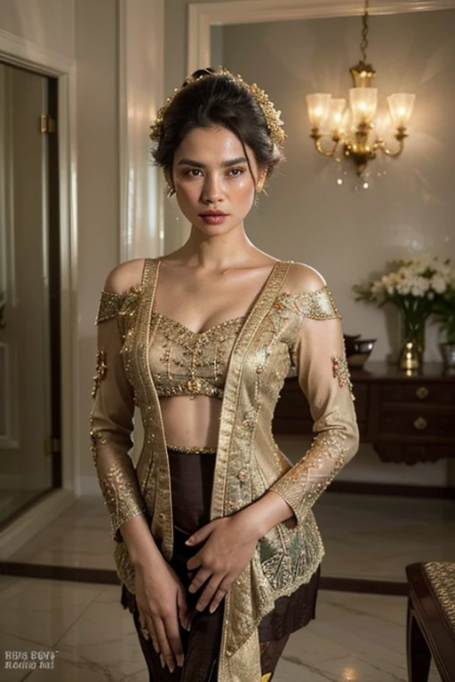 ((best quality)), ((masterpiece)), (detailed), 1girl, off-shoulder sweater, a woman (rather plump) with black Javanese hair tied in a bun (Javanese bun ukel konde) with a charming and intricately designed gold hair ornament, decorated with ornate details, flowers and dangling jasmine ornaments. The makeup is dramatic, with expressive dark eyes, flushed cheeks, and a slightly open mouth, giving an expression of shock or surprise (crying, furrowed eyebrows, teary eyes). wearing a rich green kebaya with gold embroidery, low neckline, and pattern details. His shoulders and chest were wet, glistening as if standing in the rain or just coming out of the air. The dimly lit backdrop, the beautiful corridor with checkered floors, adds a dramatic and intense atmosphere to the scene.
