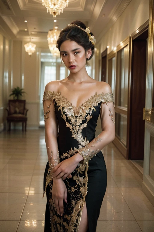 ((best quality)), ((masterpiece)), (detailed), 1girl, off-shoulder sweater, a woman (rather plump) with black Javanese hair tied in a bun (Javanese bun ukel konde) with a charming and intricately designed gold hair ornament, decorated with ornate details, flowers and dangling jasmine ornaments. The makeup is dramatic, with expressive dark eyes, flushed cheeks, and a slightly open mouth, giving an expression of shock or surprise (crying, furrowed eyebrows, teary eyes). wearing a rich green kebaya with gold embroidery, low neckline, and pattern details. His shoulders and chest were wet, glistening as if standing in the rain or just coming out of the air. The dimly lit backdrop, the beautiful corridor with checkered floors, adds a dramatic and intense atmosphere to the scene.