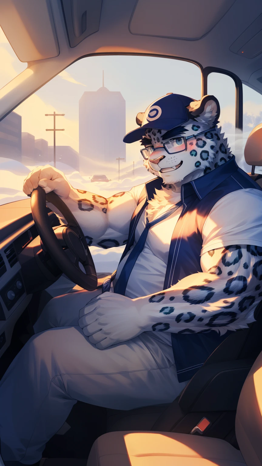 (Vision:1.5), solitary, anthropology, hairy, hairy male, snow leopard, ((Fluffy fur, Fluffy, hairy body)), (snow leopard print), (Thick eyebrows), youth, muscular, Blue-gray pupils, Detailed teeth, defaced face, fundos, driver, White vest, Glasses, Baseball cap, cab里, Driving, sideways, Shy expression, A faint smile, blush, (Dynamic poses:1.5), Clear facial features, Strong, majestic, alone, panoramic, Fog atmosphere, early morning, Tyndall light effect, cab, Sunlight through the car window, (By Empty Ghost, From snow leopard20, masterpiece, high quality, high resolution,8K)