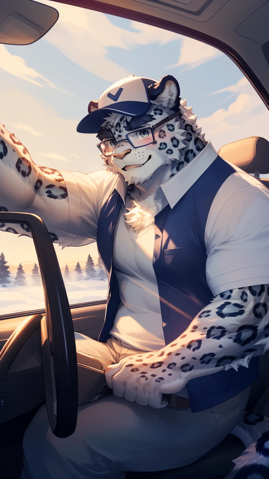 (Vision:1.5), solitary, anthropology, hairy, hairy male, snow leopard, ((Fluffy fur, Fluffy, hairy body)), (snow leopard print), (Thick eyebrows), youth, muscular, Blue-gray pupils, Detailed teeth, defaced face, fundos, driver, White vest, Glasses, Baseball cap, cab里, Driving, sideways, Shy expression, A faint smile, blush, (Dynamic poses:1.5), Clear facial features, Strong, majestic, alone, panoramic, Fog atmosphere, early morning, Tyndall light effect, cab, Sunlight through the car window, (By Empty Ghost, From snow leopard20, masterpiece, high quality, high resolution,8K)