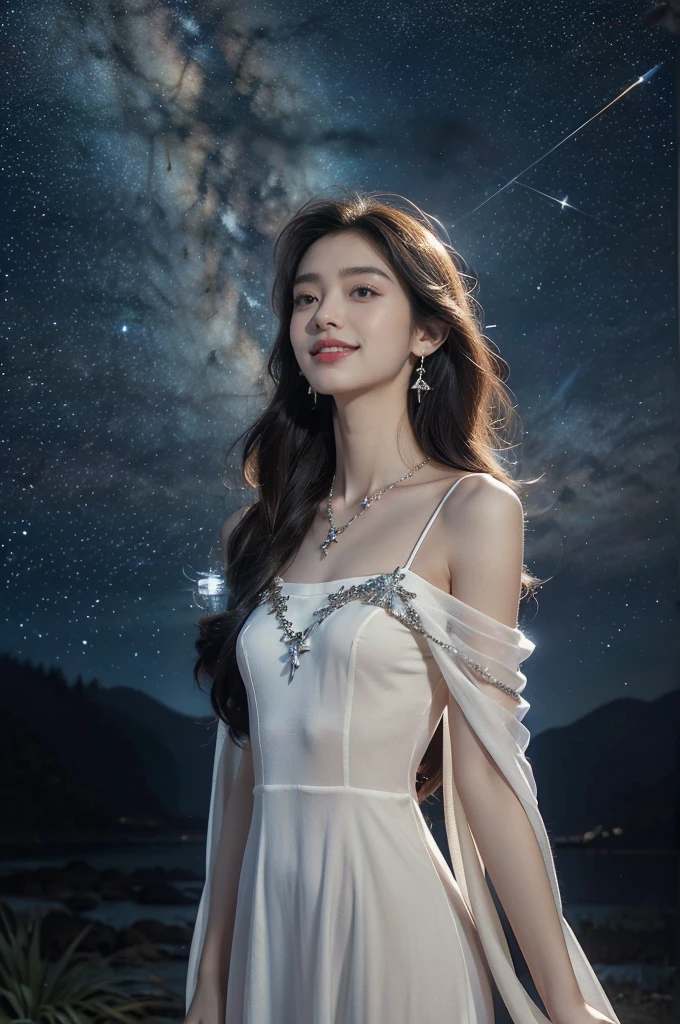 (((best quality))),(((ultra detailed))),(((masterpiece))),illustration,((A beautiful female astrologer,solo)),((slim,thin)),((small breasts,flat chest)),((shoulder length straight bob hair)),(laughing:1.2),(earrings,necklace),(sparkled sheer shirt-dress:1.3),standing beneath a magical summer night, stars twinkling in the velvety darkness,starry sky, sapphire eyes filled with wonder, flowing ethereal gown mimicking the stars, silver pendant shaped like a horoscope,serene smile and captivating gaze, celestial beauty and mystery, solace and inspiration in the vast expanse of the universe,((from front,upper body))