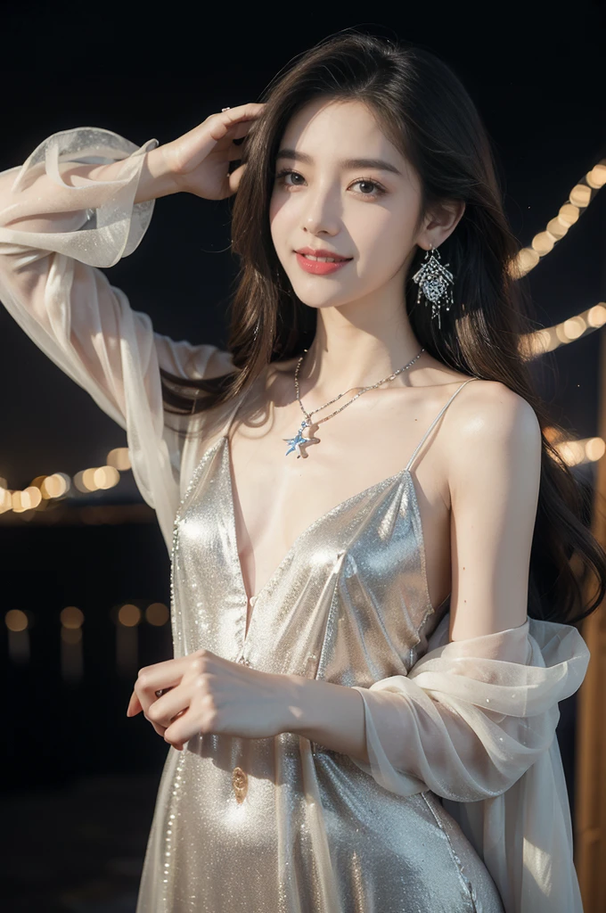 (((best quality))),(((ultra detailed))),(((masterpiece))),illustration,((A beautiful female astrologer,solo)),((slim,thin)),((small breasts,flat chest)),((shoulder length straight bob hair)),(laughing:1.2),(earrings,necklace),(sparkled sheer shirt-dress:1.3),standing beneath a magical summer night, stars twinkling in the velvety darkness,starry sky, sapphire eyes filled with wonder, flowing ethereal gown mimicking the stars, silver pendant shaped like a horoscope,serene smile and captivating gaze, celestial beauty and mystery, solace and inspiration in the vast expanse of the universe,((from front,upper body))