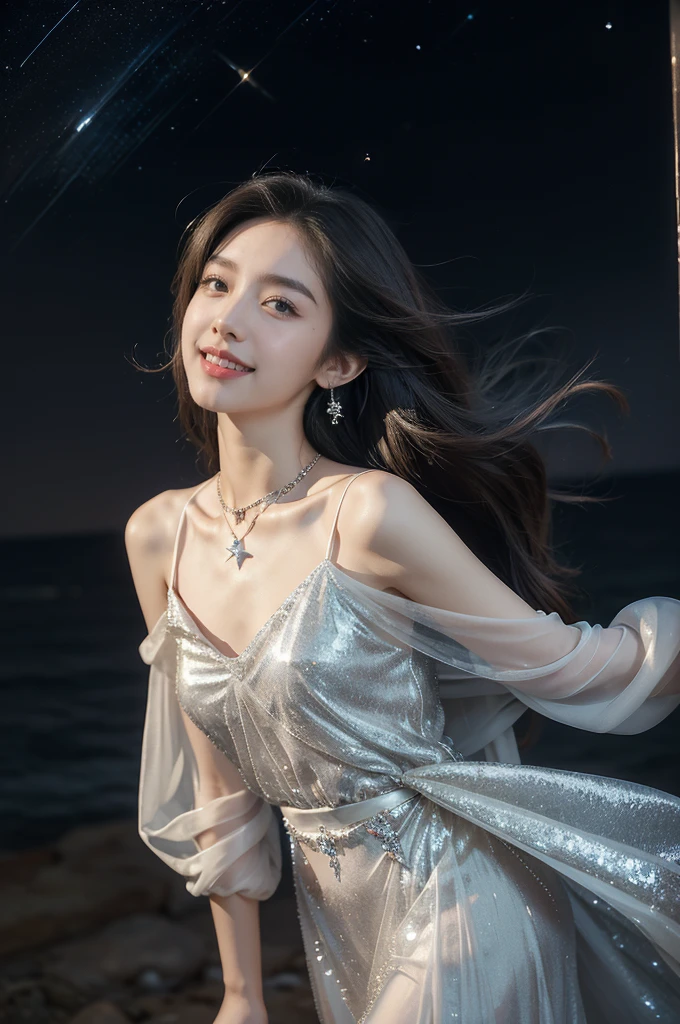 (((best quality))),(((ultra detailed))),(((masterpiece))),illustration,((A beautiful female astrologer,solo)),((slim,thin)),((small breasts,flat chest)),((shoulder length straight bob hair)),(laughing:1.2),(earrings,necklace),(sparkled sheer shirt-dress:1.3),standing beneath a magical summer night, stars twinkling in the velvety darkness,starry sky, sapphire eyes filled with wonder, flowing ethereal gown mimicking the stars, silver pendant shaped like a horoscope,serene smile and captivating gaze, celestial beauty and mystery, solace and inspiration in the vast expanse of the universe,((from front,upper body))
