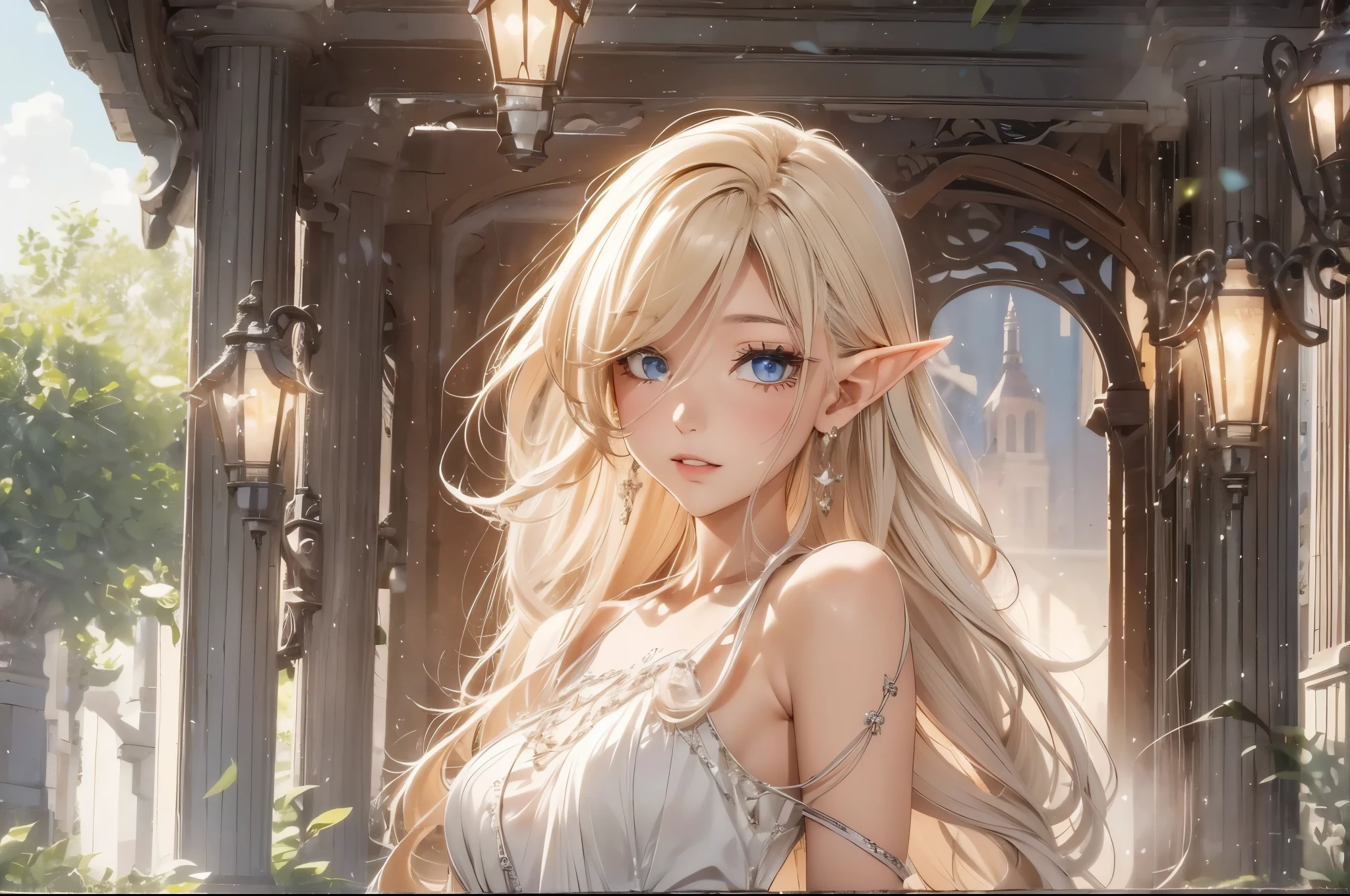 1 girl, Beautiful elf lady, blonde Long straight hair, upturn elf pointy ears, sexy figure, hot body, very beautiful face, detailed face, delicate eyes, detailed pupil, beautiful and delicate lips, blush, shy, heart, in love, white camisole long skirt, Simple and stylish, small crystal earrings, hand drawn animation, high detailed, outdoor, symmetrical clothes, best quality, masterpiece, retina,