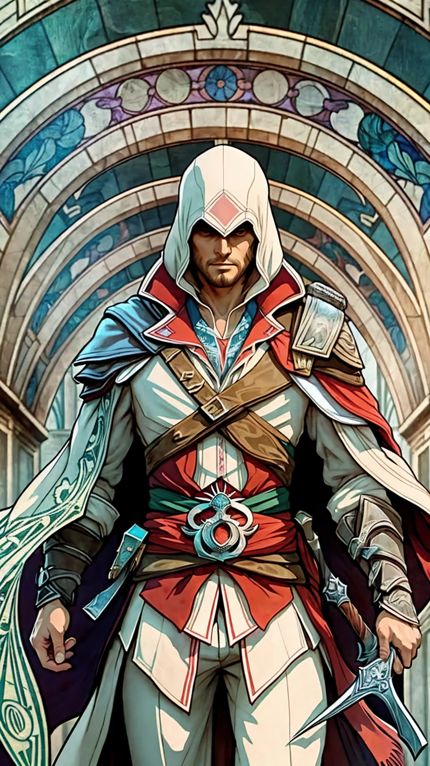 ((Art Nouveau Style)); Assassin's Creed; Ezio Auditore da Firenze; Assassin's creed outfit; stoic pose; swords; daggers; (Florence, Italy); symmetrical with thick lines, Fibonacci, golden ratio, 3D metal structure tessellation, neural graphic, neurons, color, love, passion, incredibly detailed, 8k, masterpiece, artstation, surreal