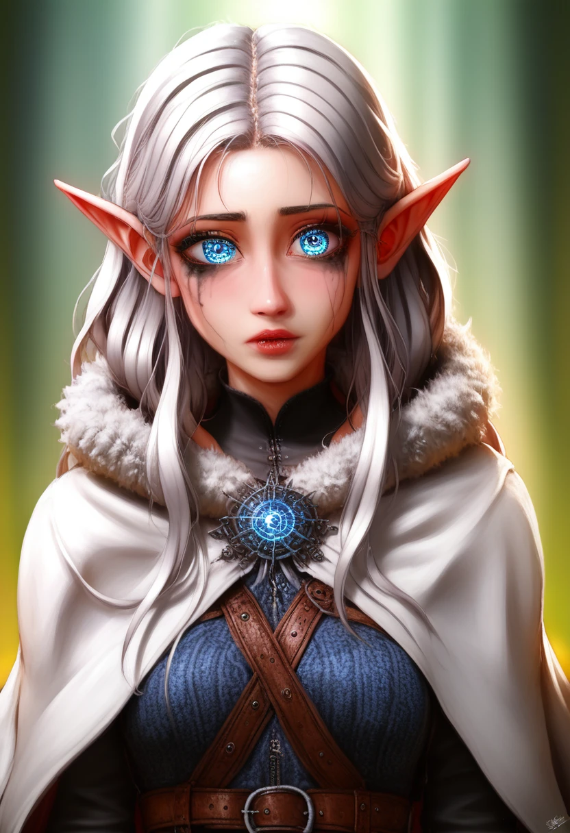 a close up, a character portrait by Yang J, pixiv contest winner, fantasy art, white haired deity, beautiful character painting, artwork in the style of guweiz, the piercing stare of yuki onna, guweiz,(masterpiece, top quality, best quality, official art, beautiful and aesthetic:1.2), (1girl), extreme detailed, (fractal art:1.3), colorful, highest detailed, perfect face, HDR, (white cloak golden lines:1.2), striking visuals, (dynamic streaks, luminous trails:1.2), vibrant colors, it looks even more beautiful than immortal, colored contact lenses, blush, high detail, anime, romanticism, modern, gothic art, anime style, film lighting, ray tracing, motion rye, close-up, sony fe gm, uhd, high detail, top quality, 8k, clean fingers, well-formed fingers, mdnn, (sharp focus:1.2), portrait, attractive young woman, (beautiful face:1.1), detailed eyes, luscious lips, (eye makeup:1.2), (tight body:1.2), (morning sun lighting:1.2), depth of field, bokeh, 4K, HDR, by (James C. Christensen:1.2|Jeremy Lipking:1.1), a small gnome girl with pale skin, very long wavy silver hair covering one eye, bright blue anime-style eyes with long lashes, wearing a corset, white puffy long sleeved shirt, and puffy cloth pants, leather bound boots, set in a windy fantasy landscape, (best quality, 4k, 8k, highres, masterpiece:1.2),ultra-detailed,dungeons and dragons, long elf ears, detailed skin and cloth textures, cute detailed face, intricate details, extremely detailed, 1girl, dynamic pose with hair covering one eye, shy personality, puffy cloth pants with leather belt, detailed privateer outfit, detailed buccaneer outfit, pouch on belt, wearing ornate leather armor with fur trim, silver inlay detail, wearing fur trimmed boots, wearing fur trimmed gloves, short, short height, halfing girl, small girl, very long detailed flowing hair, big head, big round eyes, windy, wind blown hair, wirey muscles, fighter, dynamic angle, kineticist, pathfinder, pathfinder kineticist 