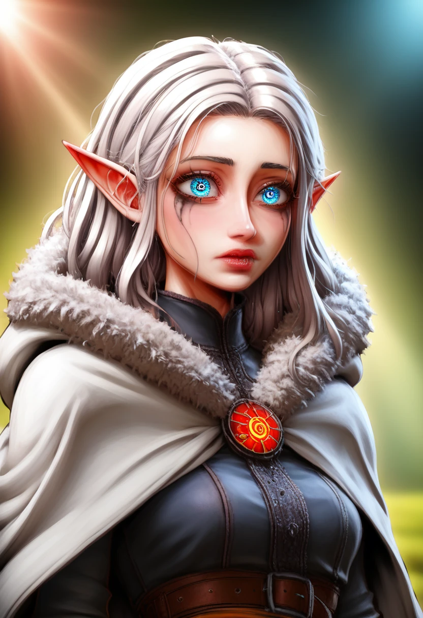 a close up, a character portrait by Yang J, pixiv contest winner, fantasy art, white haired deity, beautiful character painting, artwork in the style of guweiz, the piercing stare of yuki onna, guweiz,(masterpiece, top quality, best quality, official art, beautiful and aesthetic:1.2), (1girl), extreme detailed, (fractal art:1.3), colorful, highest detailed, perfect face, HDR, (white cloak golden lines:1.2), striking visuals, (dynamic streaks, luminous trails:1.2), vibrant colors, it looks even more beautiful than immortal, colored contact lenses, blush, high detail, anime, romanticism, modern, gothic art, anime style, film lighting, ray tracing, motion rye, close-up, sony fe gm, uhd, high detail, top quality, 8k, clean fingers, well-formed fingers, mdnn, (sharp focus:1.2), portrait, attractive young woman, (beautiful face:1.1), detailed eyes, luscious lips, (eye makeup:1.2), (tight body:1.2), (morning sun lighting:1.2), depth of field, bokeh, 4K, HDR, by (James C. Christensen:1.2|Jeremy Lipking:1.1), a small gnome girl with pale skin, very long wavy silver hair covering one eye, bright blue anime-style eyes with long lashes, wearing a corset, white puffy long sleeved shirt, and puffy cloth pants, leather bound boots, set in a windy fantasy landscape, (best quality, 4k, 8k, highres, masterpiece:1.2),ultra-detailed,dungeons and dragons, long elf ears, detailed skin and cloth textures, cute detailed face, intricate details, extremely detailed, 1girl, dynamic pose with hair covering one eye, shy personality, puffy cloth pants with leather belt, detailed privateer outfit, detailed buccaneer outfit, pouch on belt, wearing ornate leather armor with fur trim, silver inlay detail, wearing fur trimmed boots, wearing fur trimmed gloves, short, short height, halfing girl, small girl, very long detailed flowing hair, big head, big round eyes, windy, wind blown hair, wirey muscles, fighter, dynamic angle, kineticist, pathfinder, pathfinder kineticist 