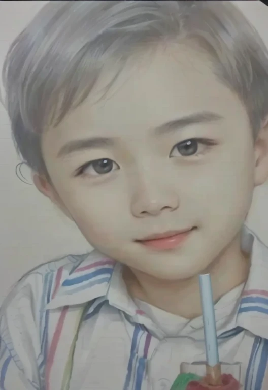 Drawing of a boy drinking through a straw, Realism drawing, Pencil drawing, a Pencil sketch, pencil on paper, traditional art, Shim Sa-jeong, Pencil sketch, Inspired by Yonghao Han, Inspired by Huang Gongwang, Realistic sketch, Traditional drawing style, hyperRealistic sketch, Traditional portrait, Close-up portrait, Realistic portraits、Please create the nasolabial folds that appear when smiling.。