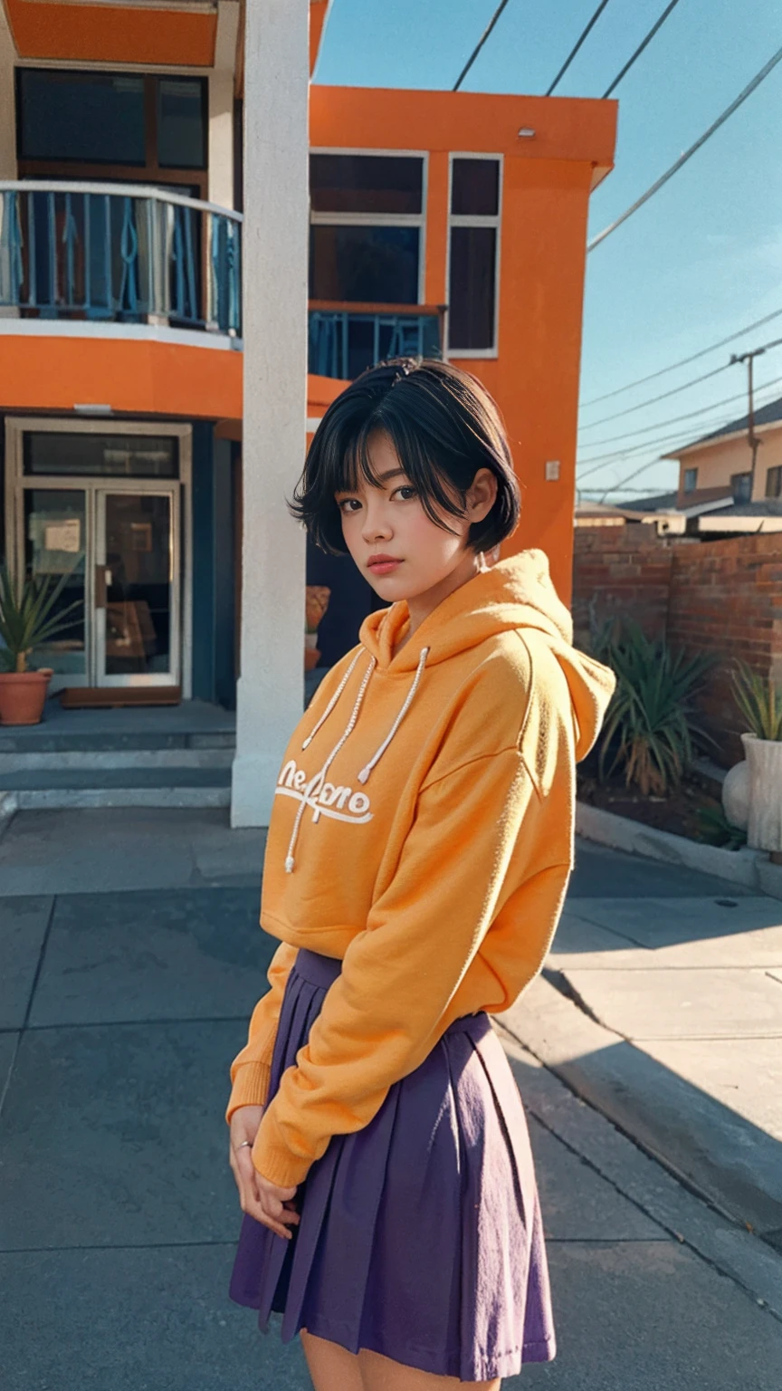 long shot portrait of cute 23 yo girl ,(perfect natural breast),wear ((orange color oversized hoodie)), wear ((purple tennis skirt)),looking viewer,Best Quality,Masterpiece,Ultra High Resolution,(Realisticity:1.4),Original Photo, 1Girl, light leak,ultra high resolution,UHD,beautiful, (black bob hair), almond eye, no makeup, in front of ((80's mondrian architecture motel)), (realistic:1.2), (surreal:1.3), (very detailed:1.1), ((masterpiece)),summer, blue sky, palm trees,sunny, los angles vibes,film camera, 800mm lens,style of Philip Lorca diCorcia,beautiful face, (realistic face), (black hair, short hair:1.3)