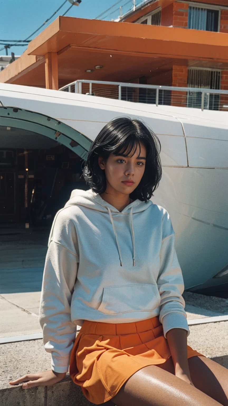 long shot portrait of cute 23 yo girl ,(perfect natural breast),wear ((orange color oversized hoodie)), wear ((purple tennis skirt)),looking viewer,Best Quality,Masterpiece,Ultra High Resolution,(Realisticity:1.4),Original Photo, 1Girl, light leak,ultra high resolution,UHD,beautiful, (black bob hair), almond eye, no makeup, in front of ((80's mondrian architecture motel)), (realistic:1.2), (surreal:1.3), (very detailed:1.1), ((masterpiece)),summer, blue sky, palm trees,sunny, los angles vibes,film camera, 800mm lens,style of Philip Lorca diCorcia,beautiful face, (realistic face), (black hair, short hair:1.3)