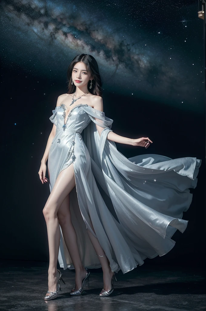 (((best quality))),(((ultra detailed))),(((masterpiece))),illustration,((A beautiful female astrologer,solo)),((slim,thin)),((small breasts,flat chest)),((shoulder length straight bob hair)),(laughing:1.2),(earrings,necklace),(sparkled sheer shirt-dress:1.3),(slender legs),standing beneath a magical summer night, stars twinkling in the velvety darkness,starry sky, sapphire eyes filled with wonder, flowing ethereal gown mimicking the stars, silver pendant shaped like a horoscope,serene smile and captivating gaze, celestial beauty and mystery, solace and inspiration in the vast expanse of the universe,((from front,full body))