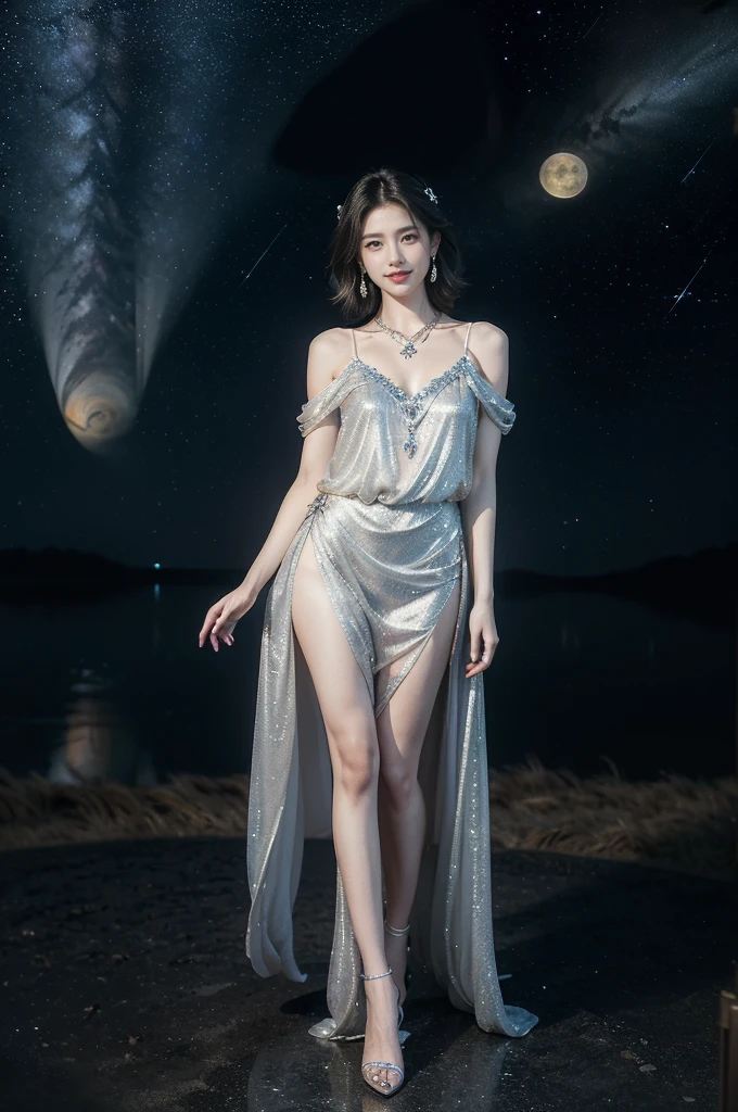 (((best quality))),(((ultra detailed))),(((masterpiece))),illustration,((A beautiful female astrologer,solo)),((slim,thin)),((small breasts,flat chest)),((shoulder length straight bob hair)),(laughing:1.2),(earrings,necklace),(sparkled sheer shirt-dress:1.3),(slender legs),standing beneath a magical summer night, stars twinkling in the velvety darkness,starry sky, sapphire eyes filled with wonder, flowing ethereal gown mimicking the stars, silver pendant shaped like a horoscope,serene smile and captivating gaze, celestial beauty and mystery, solace and inspiration in the vast expanse of the universe,((from front,full body))