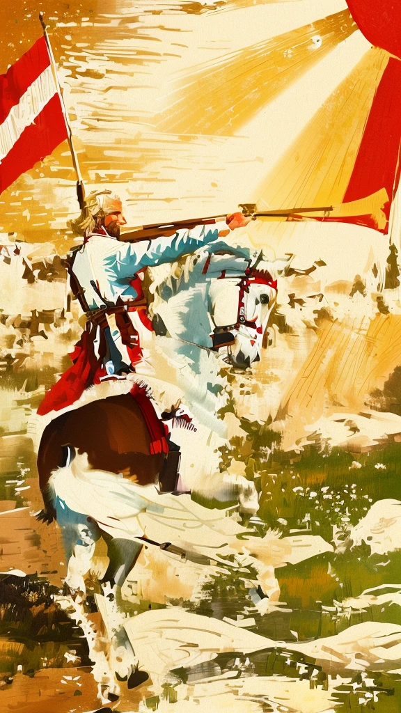 illustration of a man with blond hair on a horse with a large Belarusian white-red-white flag, man riding a white horse, 20th century propaganda poster, Slavic mythology, Henry Justice Форд, Henry Justice, Nicholas Ge, bright sun. realistic colors, fields