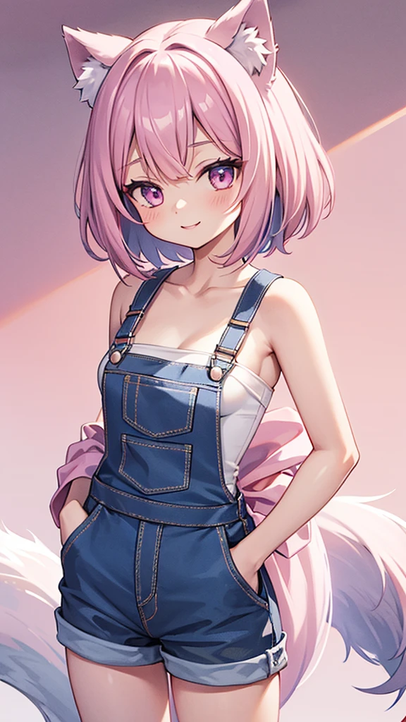 1 wolf girl, rose quartz eyes, wolf ears, wolf tail, short hair, (smile:1.1), (parted lips:0.8), cute,
bare arms, medium breasts, purple lingerie, (cleavage:0.8), (collarbone:0.9), (thighs:0.7),
tube top, overalls, (ribbon:1.1),
hand in pocket, pink street,
sharp focus, looking at viewer, cowboy shot,
(intricate:1.1), (light pink theme:1.1), (light pink tone:1.1), (deepblue tone:0.9), (anime coloring:1.1), illustration,
